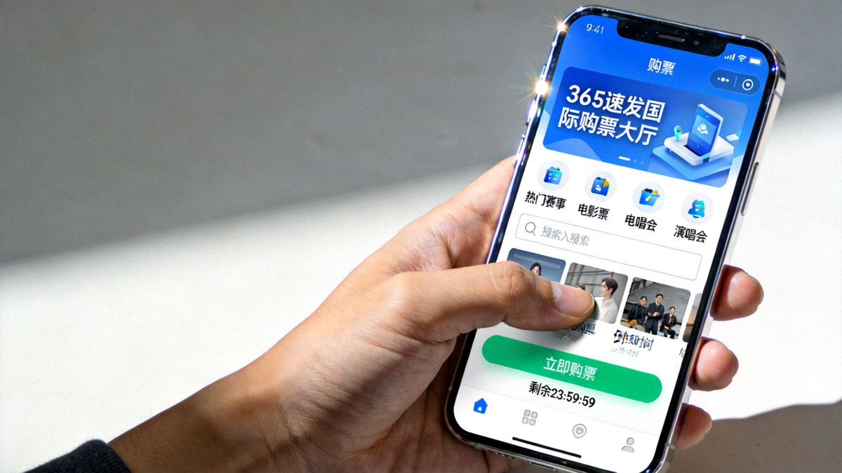 人手操作智能手机，屏幕上显示简洁现代的365速发国际购票大厅应用界面，突出便捷购票体验