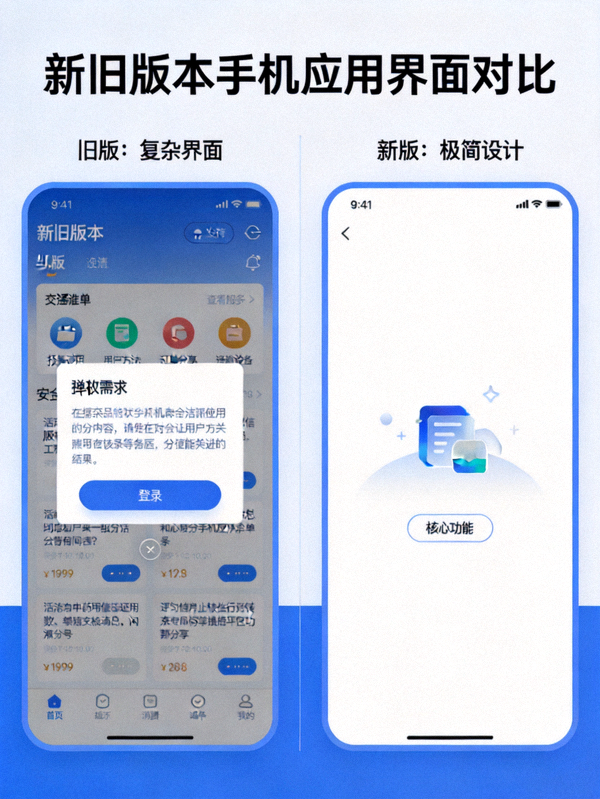 新旧版本手机应用界面对比图，左侧为旧版复杂界面，右侧为新版极简设计